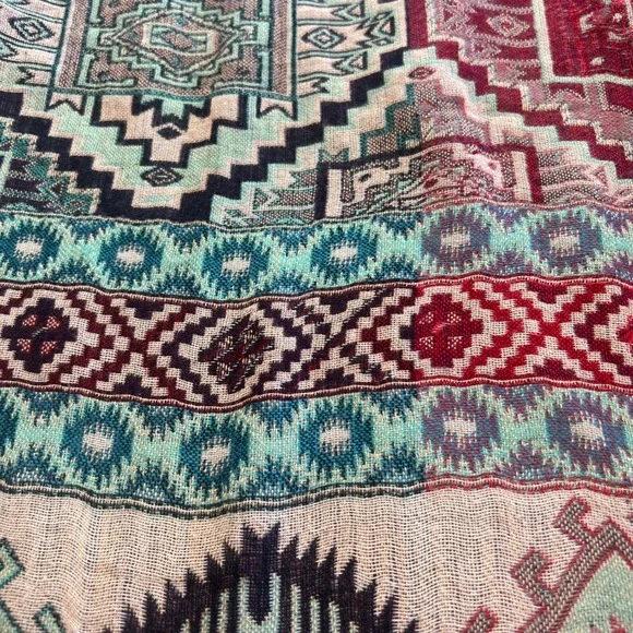 Boho Aztec Geometric Tribal Print Fringed Kaftan Poncho Tunic Top Size M/L‎ - Picture 7 of 8